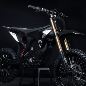Altis Delta electric dirt bike performing a high jump on a rugged off-road trail in Europe.