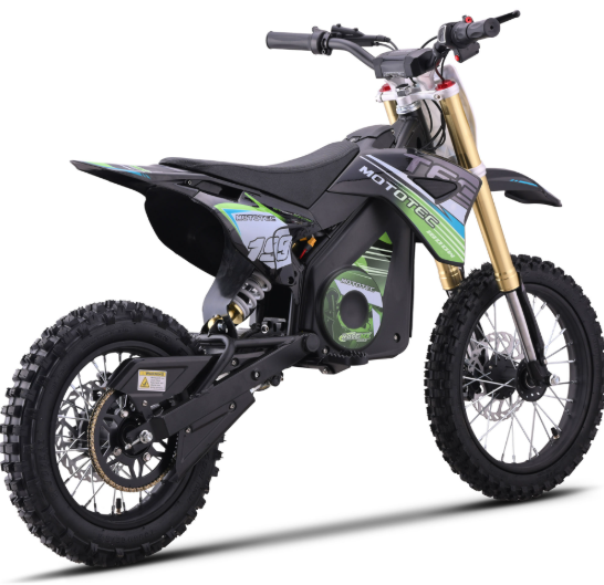 MotoTec Pro 48v 1800w Dirt Bike A high-performance black and green MotoTec Pro 48v 1800w electric dirt bike with 14-inch front wheels and hydraulic brakes.